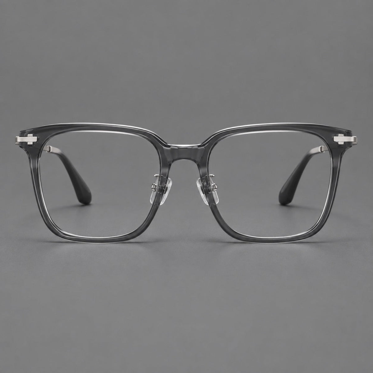 Classic acetate and titanium eyeglasses with broad square rims and textured metal temples in Clear Gray / Silver, front view