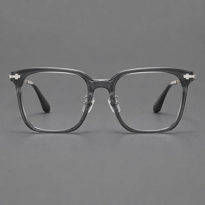 Classic acetate and titanium eyeglasses with broad square rims and textured metal temples in Clear Gray / Silver, front view additional product view