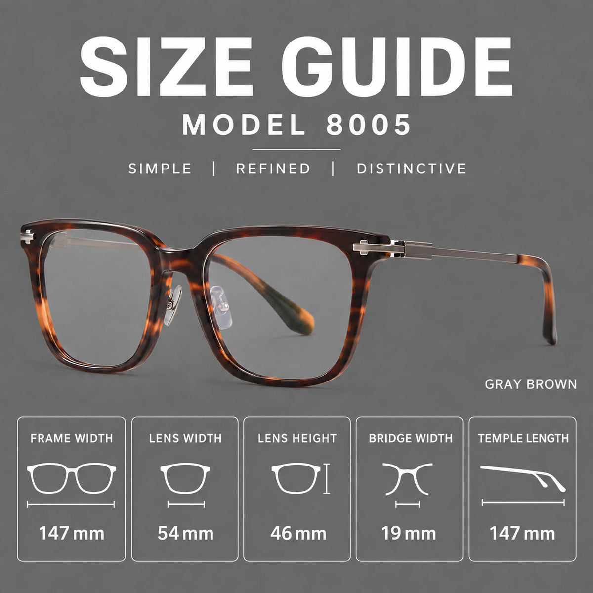 Classic acetate and titanium eyeglasses with broad square rims and textured metal temples, size guide in millimetres
