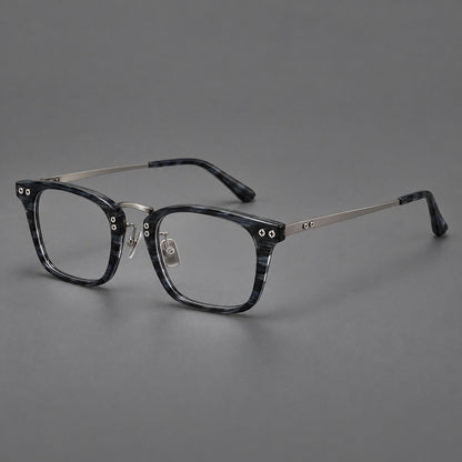 Acetate and titanium eyeglasses with angular rectangular rims and a curved metal bridge in Gray Blue Woodgrain / Gunmetal, three quarter view front view