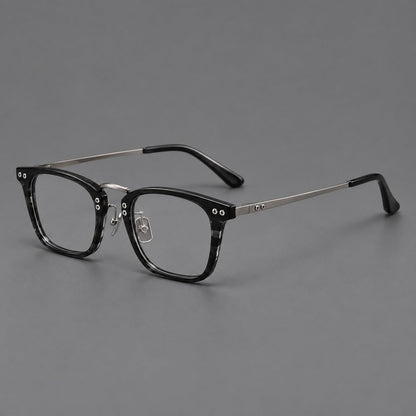 Acetate and titanium eyeglasses with angular rectangular rims and a curved metal bridge in Black / Gunmetal, three quarter view additional product view