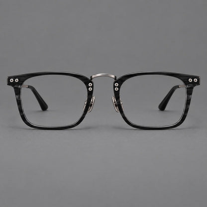 Acetate and titanium eyeglasses with angular rectangular rims and a curved metal bridge in Black / Gunmetal, front view additional product view