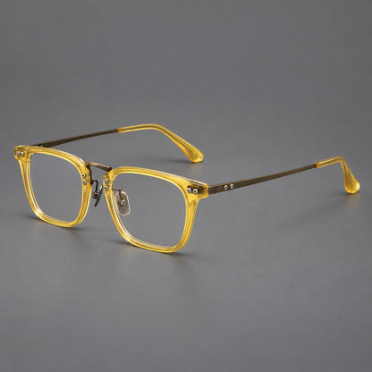 Acetate and titanium eyeglasses with angular rectangular rims and a curved metal bridge in Jade Yellow / Antique Bronze, three quarter view additional product view