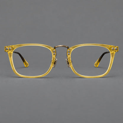 Acetate and titanium eyeglasses with angular rectangular rims and a curved metal bridge in Jade Yellow / Antique Bronze, front view additional product view