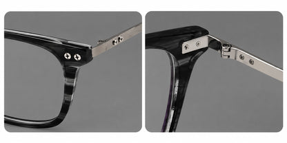Acetate and titanium eyeglasses with angular rectangular rims and a curved metal bridge, frame details additional product view