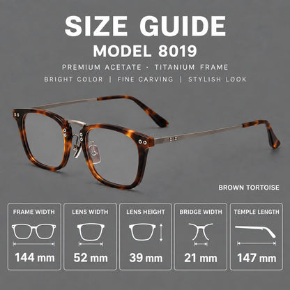 Acetate and titanium eyeglasses with angular rectangular rims and a curved metal bridge, size guide in millimetres additional product view
