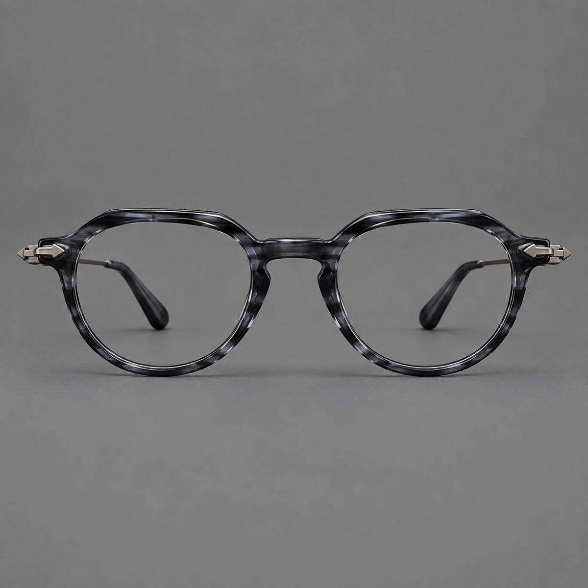 Retro acetate and titanium eyeglasses with panto rims and decorative arrow corner accents in Gray Blue Woodgrain / Gunmetal, front view