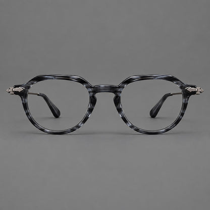 Retro acetate and titanium eyeglasses with panto rims and decorative arrow corner accents in Gray Blue Woodgrain / Gunmetal, front view frame detail