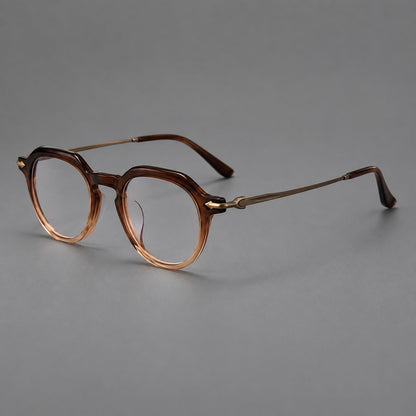 Retro acetate and titanium eyeglasses with panto rims and decorative arrow corner accents in Brown Gradient / Antique Bronze, three quarter view lens detail