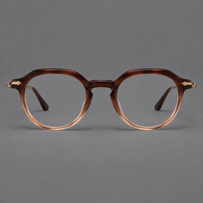 Retro acetate and titanium eyeglasses with panto rims and decorative arrow corner accents in Brown Gradient / Antique Bronze, front view temple detail