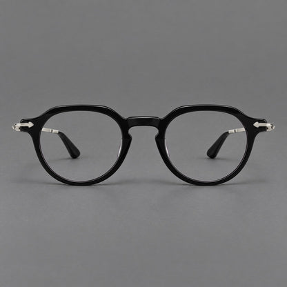 Retro acetate and titanium eyeglasses with panto rims and decorative arrow corner accents in Black / Silver, front view additional product view