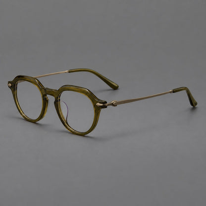 Retro acetate and titanium eyeglasses with panto rims and decorative arrow corner accents in Army Green / Antique Bronze, three quarter view additional product view
