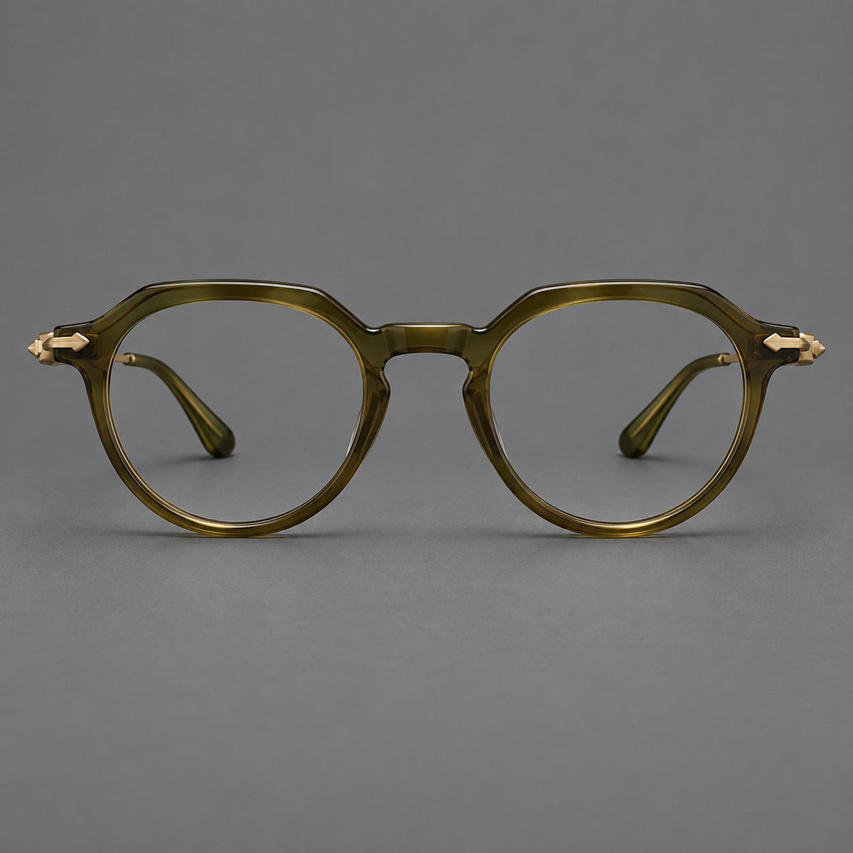 Retro acetate and titanium eyeglasses with panto rims and decorative arrow corner accents in Army Green / Antique Bronze, front view