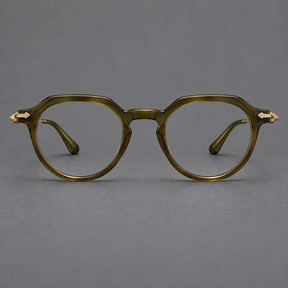 Retro acetate and titanium eyeglasses with panto rims and decorative arrow corner accents in Army Green / Antique Bronze, front view additional product view