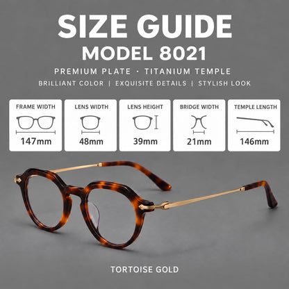 Retro acetate and titanium eyeglasses with panto rims and decorative arrow corner accents, size guide in millimetres additional product view