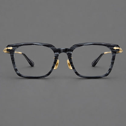 Bold acetate and titanium eyeglasses with rectangular rims and sculpted arrow accents in Gray Blue Woodgrain / Light Gold, front view side view