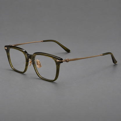 Bold acetate and titanium eyeglasses with rectangular rims and sculpted arrow accents in Army Green / Antique Bronze, three quarter view additional product view