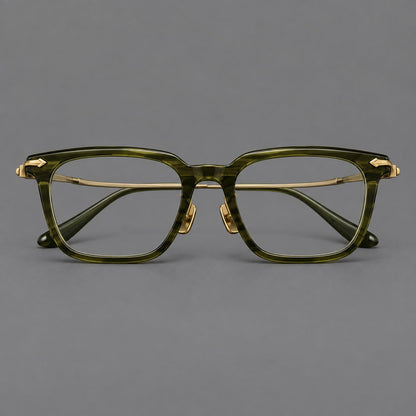 Bold acetate and titanium eyeglasses with rectangular rims and sculpted arrow accents in Army Green / Antique Bronze, front view additional product view