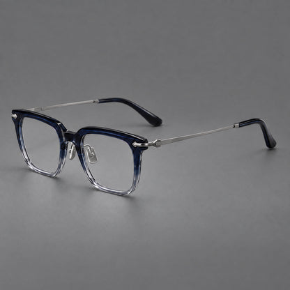 Bold acetate and titanium eyeglasses with rectangular rims and sculpted arrow accents in Blue Gradient / Silver Gray, three quarter view additional product view