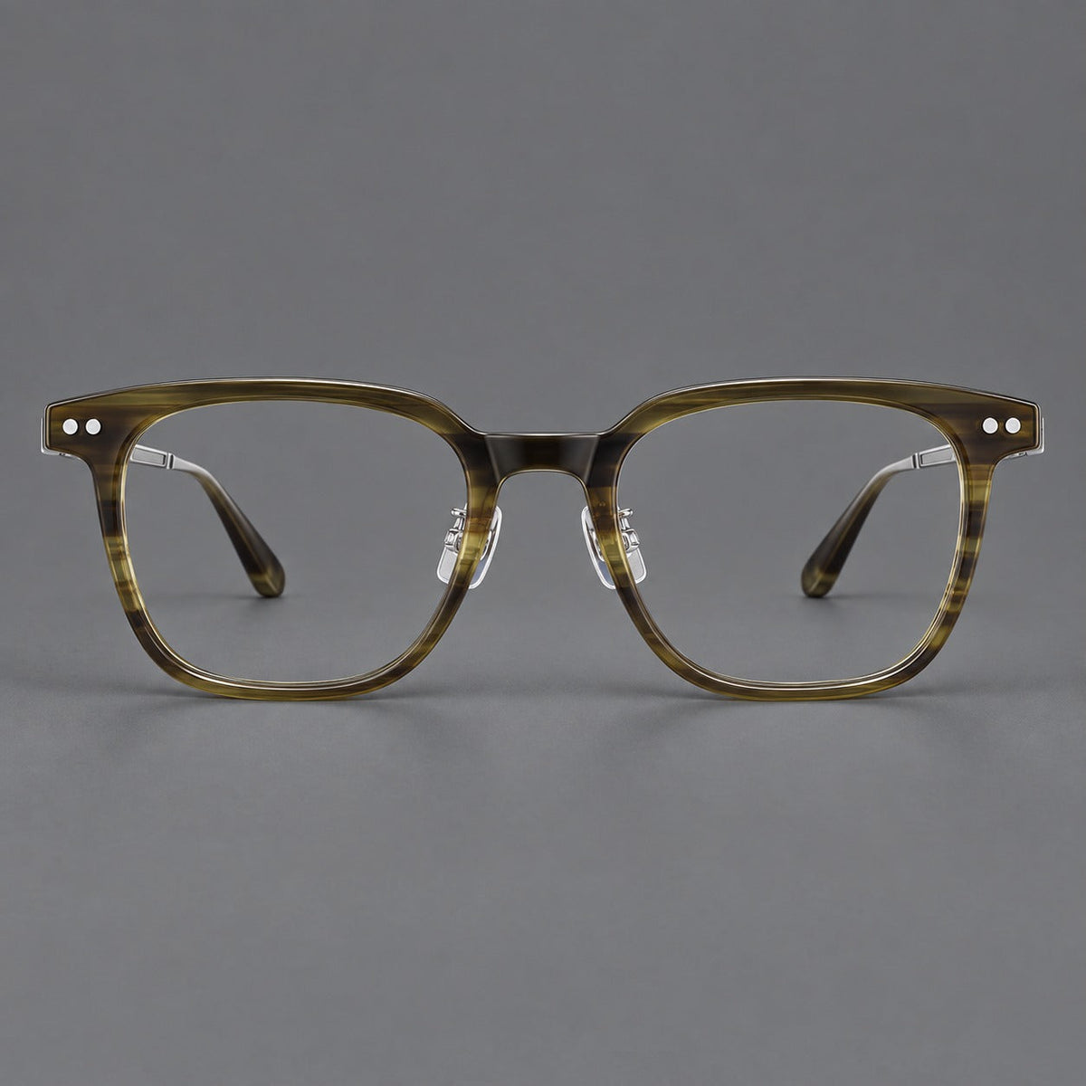 Classic acetate and titanium eyeglasses with squared brows and paired corner rivets in Olive Woodgrain / Silver, front view