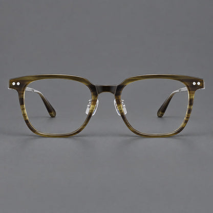 Classic acetate and titanium eyeglasses with squared brows and paired corner rivets in Olive Woodgrain / Silver, front view side view