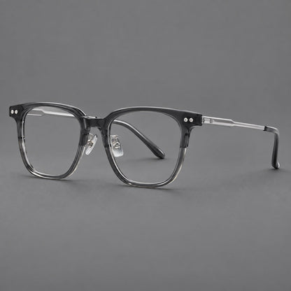 Classic acetate and titanium eyeglasses with squared brows and paired corner rivets in Clear Gray / Silver, three quarter view additional product view