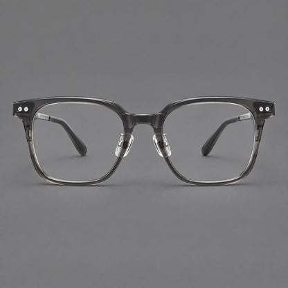 Classic acetate and titanium eyeglasses with squared brows and paired corner rivets in Clear Gray / Silver, front view additional product view