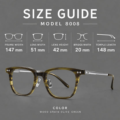 Classic acetate and titanium eyeglasses with squared brows and paired corner rivets, size guide in millimetres additional product view