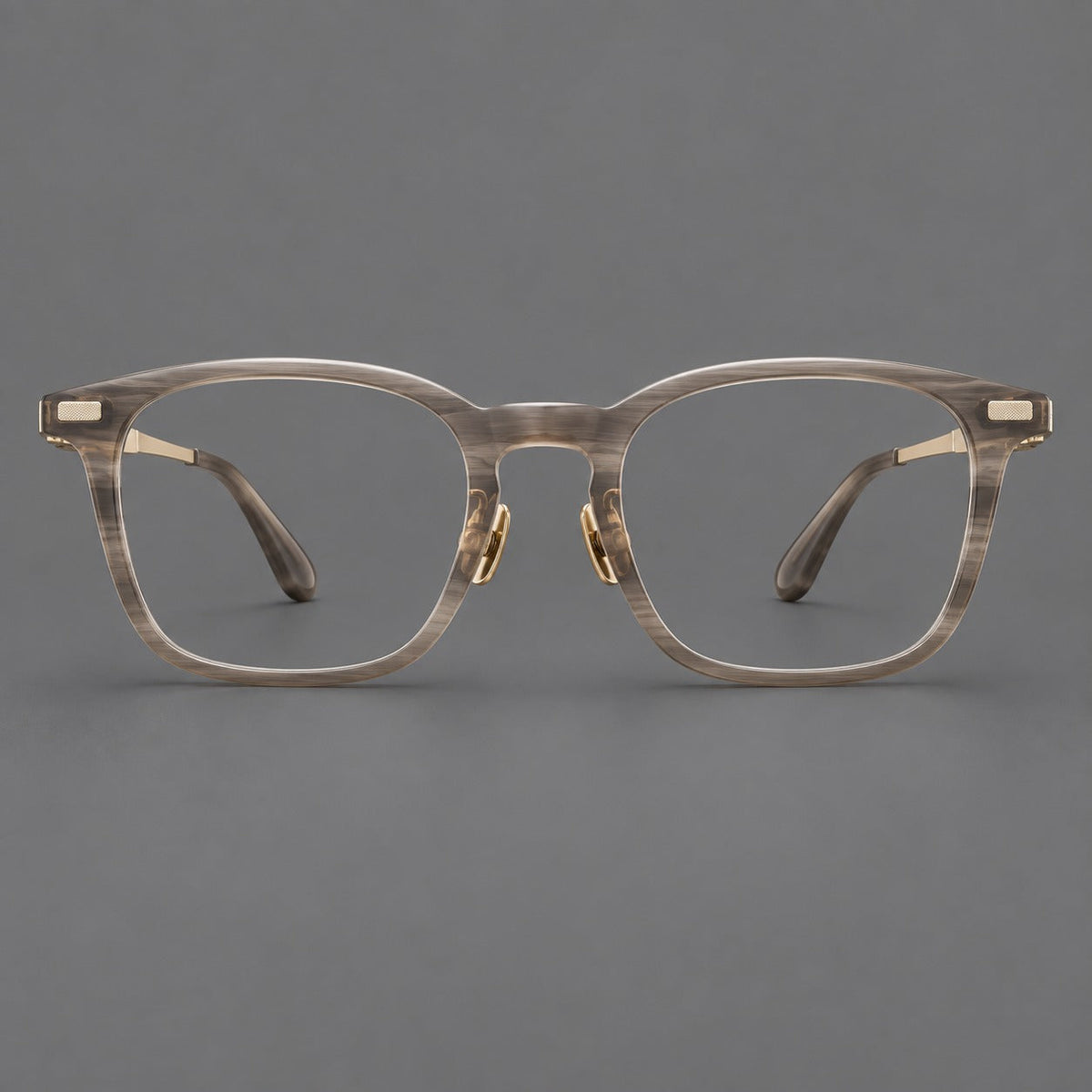 Classic acetate and titanium eyeglasses with rounded square rims and textured corner accents in Gray Woodgrain / Light Gold, front view