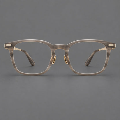 Classic acetate and titanium eyeglasses with rounded square rims and textured corner accents in Gray Woodgrain / Light Gold, front view side view