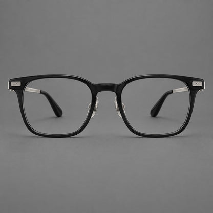Classic acetate and titanium eyeglasses with rounded square rims and textured corner accents in Black / Silver, front view additional product view