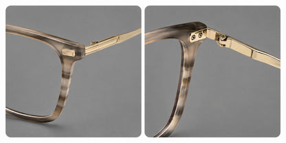 Classic acetate and titanium eyeglasses with rounded square rims and textured corner accents, frame details additional product view