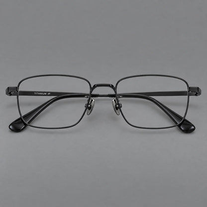 Modern square titanium glasses with an angular bridge and broad straight temples in Black, front view side view