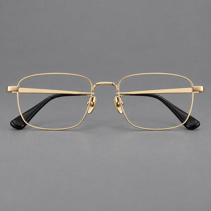 Modern square titanium glasses with an angular bridge and broad straight temples in Gold, front view temple detail