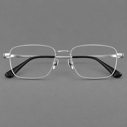 Modern square titanium glasses with an angular bridge and broad straight temples in Silver, front view additional product view