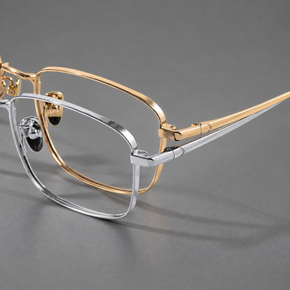Modern square titanium glasses with an angular bridge and broad straight temples, frame details additional product view