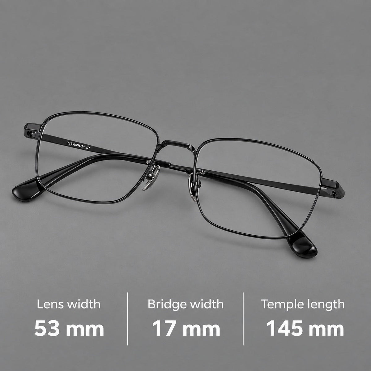 Modern square titanium glasses with an angular bridge and broad straight temples, size guide in millimetres