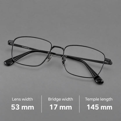 Modern square titanium glasses with an angular bridge and broad straight temples, size guide in millimetres additional product view
