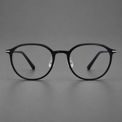 Retro round plastic eyeglasses with a curved bridge and slim metal corner accents in Glossy Black, front view side view