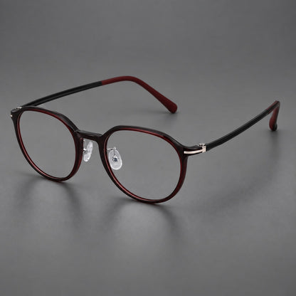 Retro round plastic eyeglasses with a curved bridge and slim metal corner accents in Deep Wine Red, three quarter view additional product view