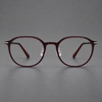 Retro round plastic eyeglasses with a curved bridge and slim metal corner accents in Deep Wine Red, front view additional product view