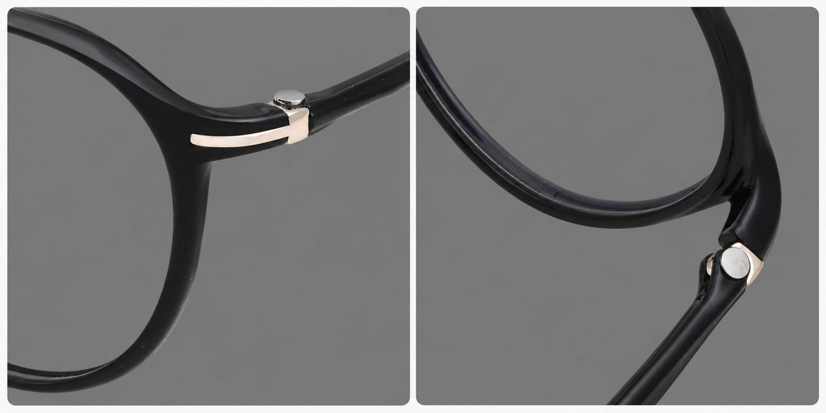 Retro round plastic eyeglasses with a curved bridge and slim metal corner accents, frame details