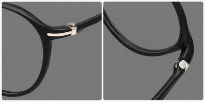 Retro round plastic eyeglasses with a curved bridge and slim metal corner accents, frame details additional product view