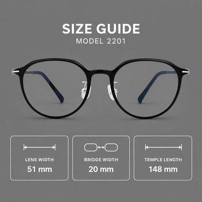 Retro round plastic eyeglasses with a curved bridge and slim metal corner accents, size guide in millimetres additional product view