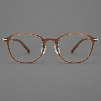Soft square plastic eyeglasses with a raised browline and rounded lower corners in Milk Tea Brown, front view temple detail