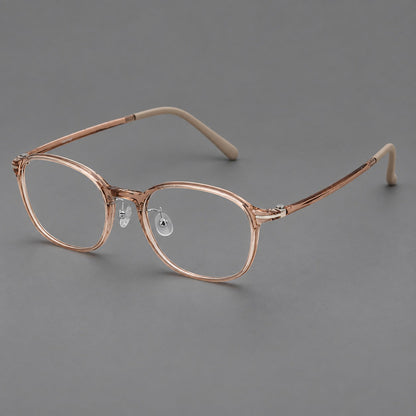 Soft square plastic eyeglasses with a raised browline and rounded lower corners in Amber Tea, three quarter view additional product view