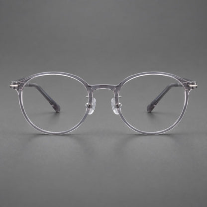 Compact round plastic eyeglasses with gently lifted corners and clear nose pads in Clear Gray, front view frame detail