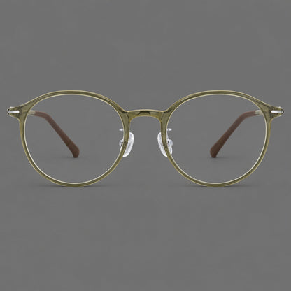 Compact round plastic eyeglasses with gently lifted corners and clear nose pads in Iced Green Tea, front view additional product view