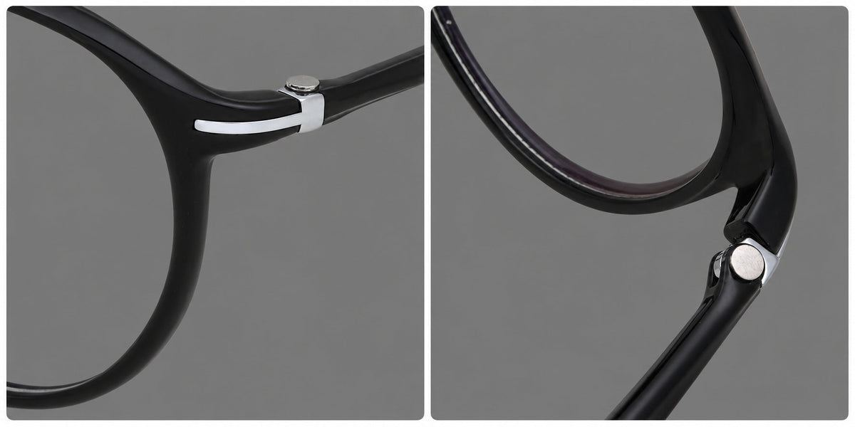 Compact round plastic eyeglasses with gently lifted corners and clear nose pads, frame details