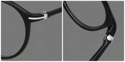 Compact round plastic eyeglasses with gently lifted corners and clear nose pads, frame details additional product view